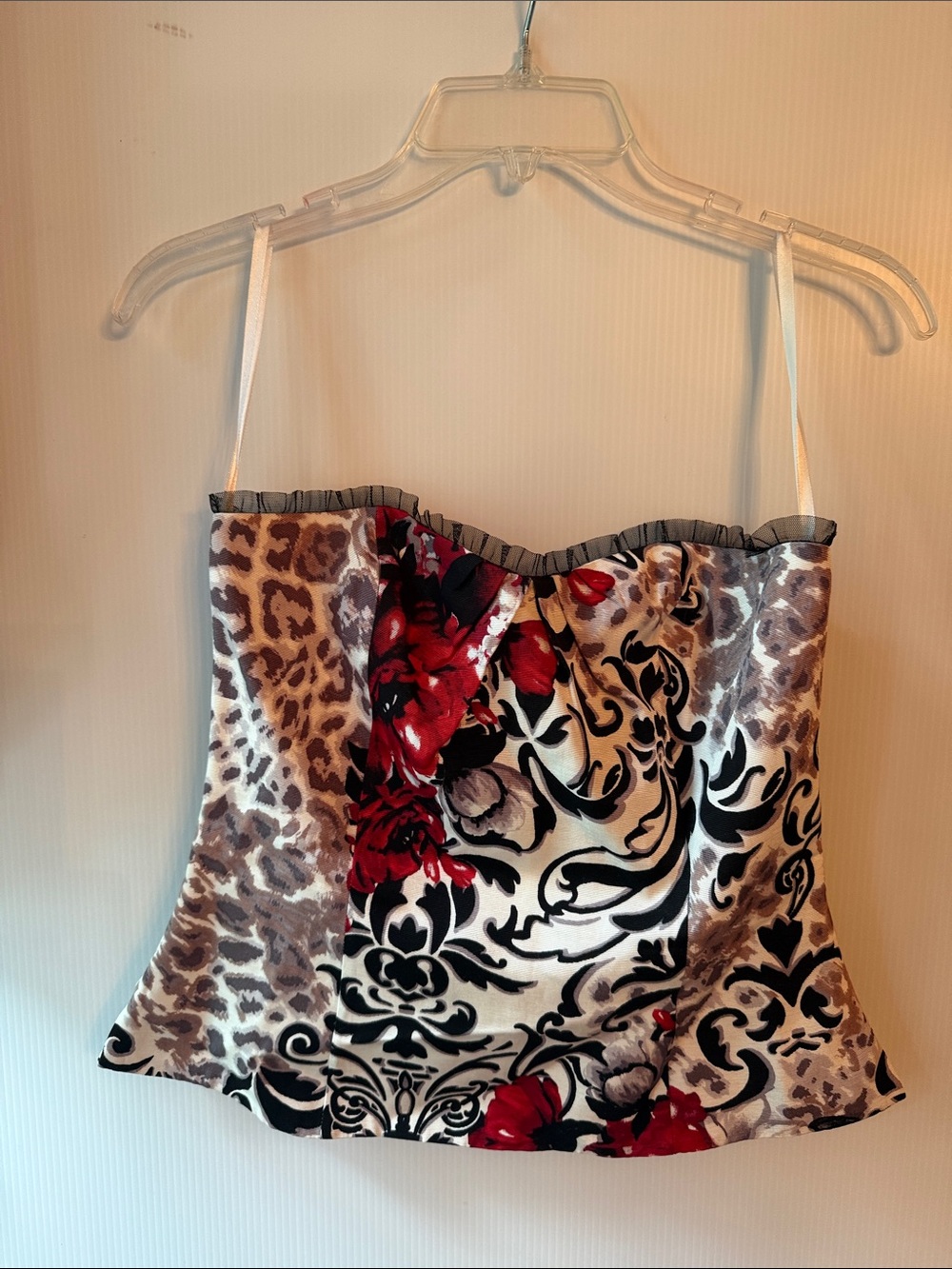 WHBM Floral & Animal Print Bustier Print Top with Red Rose Accent